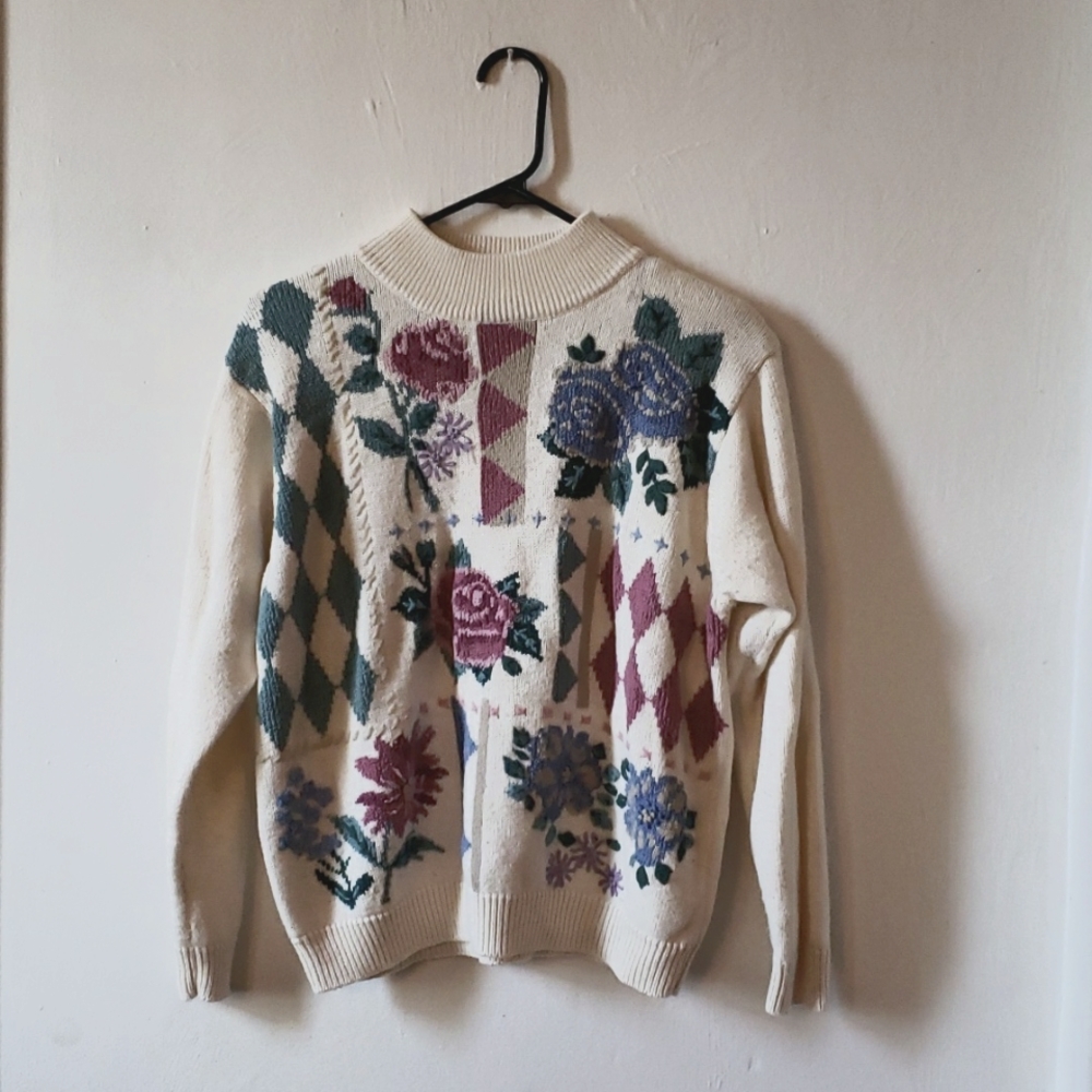 Alfred Dunner | Vintage 90's Floral Knit Sweater | Women's Large Petite